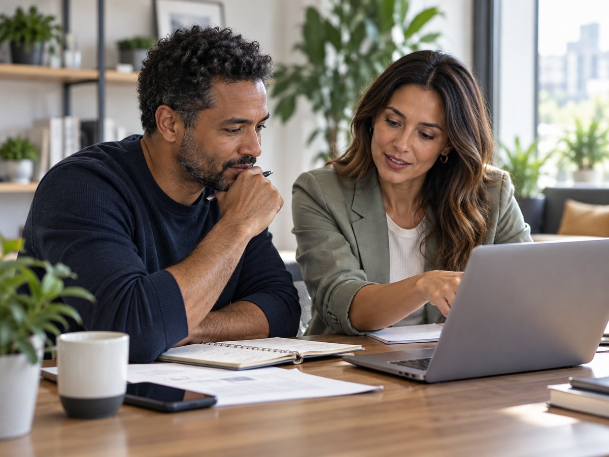 Dos personas revisan juntas un plan en una computadora portátil.